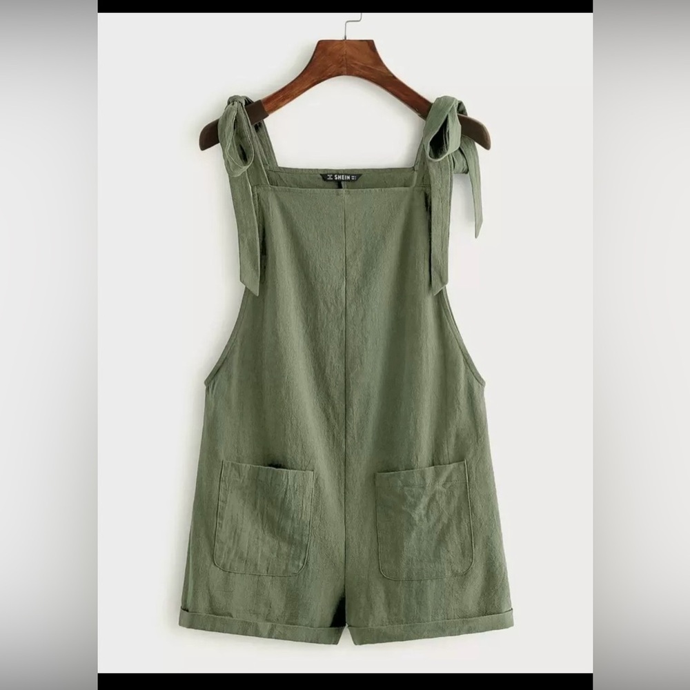 SHEIN Olive Green Tie-Strap Linen Blend Romper